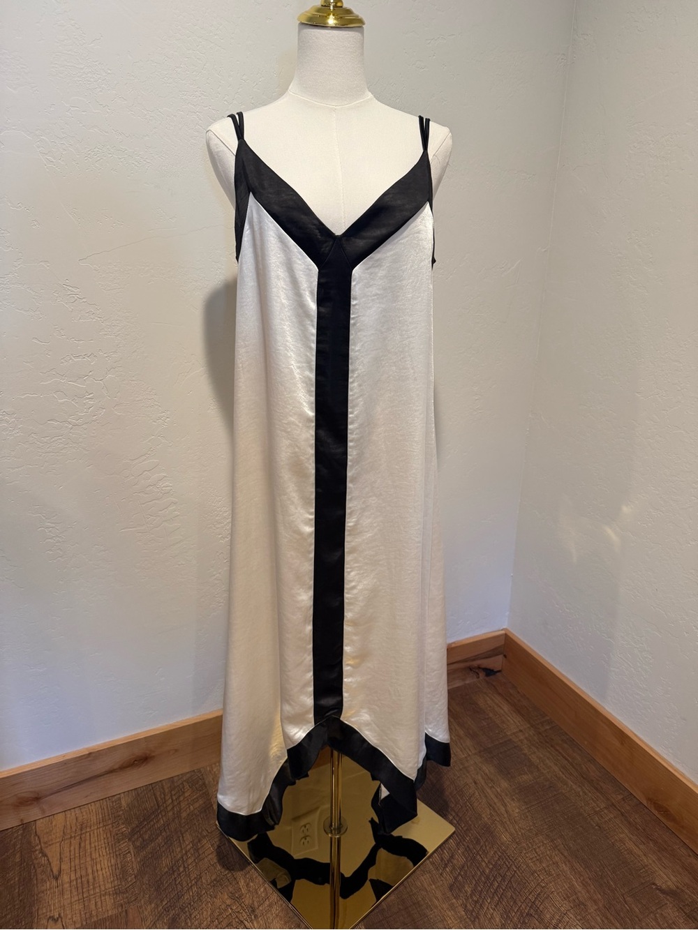 En Creme White Satin Midi Slip Dress with Black Contrast Trim